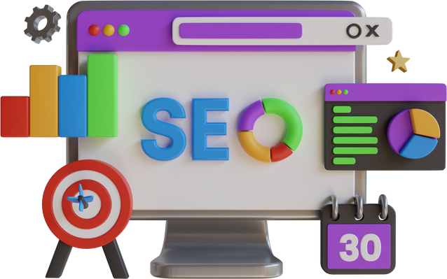 3D SEO Optimization, web analytics and seo marketing.  seo interface for website strategy and research planing in 3d laptop computer. Strategy and Planing website. 3D rendering
